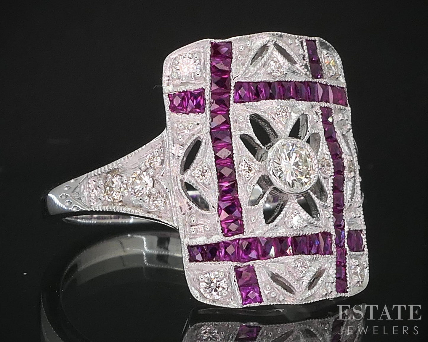 Art Deco 14k White Gold Natural Diamond & Ruby Filigree Cocktail Ring 3g i19298