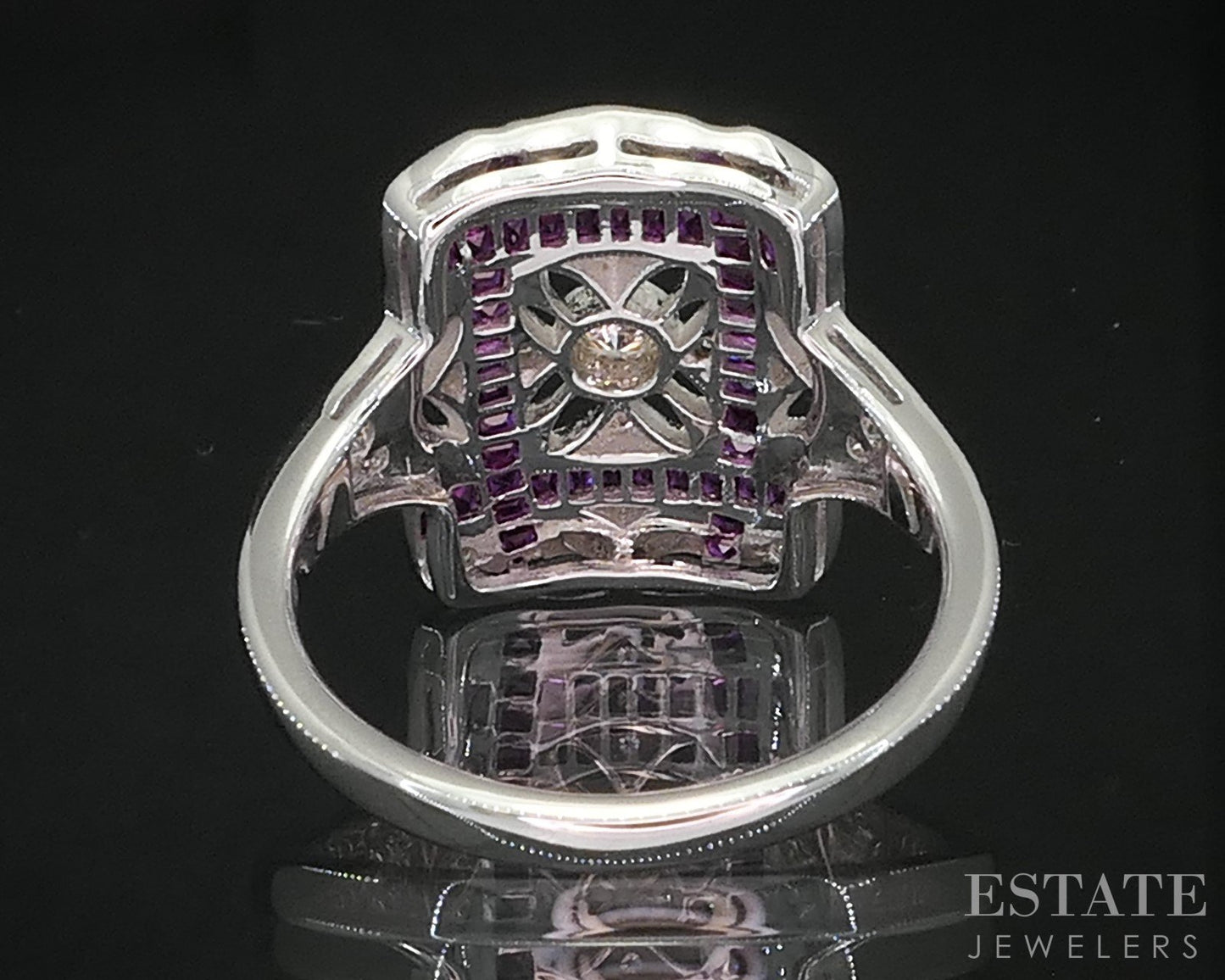 Art Deco 14k White Gold Natural Diamond & Ruby Filigree Cocktail Ring 3g i19298