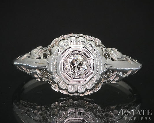 Antique 18k White Gold OEC Natural .10ct Diamond Filigree Solitaire Ring i19292