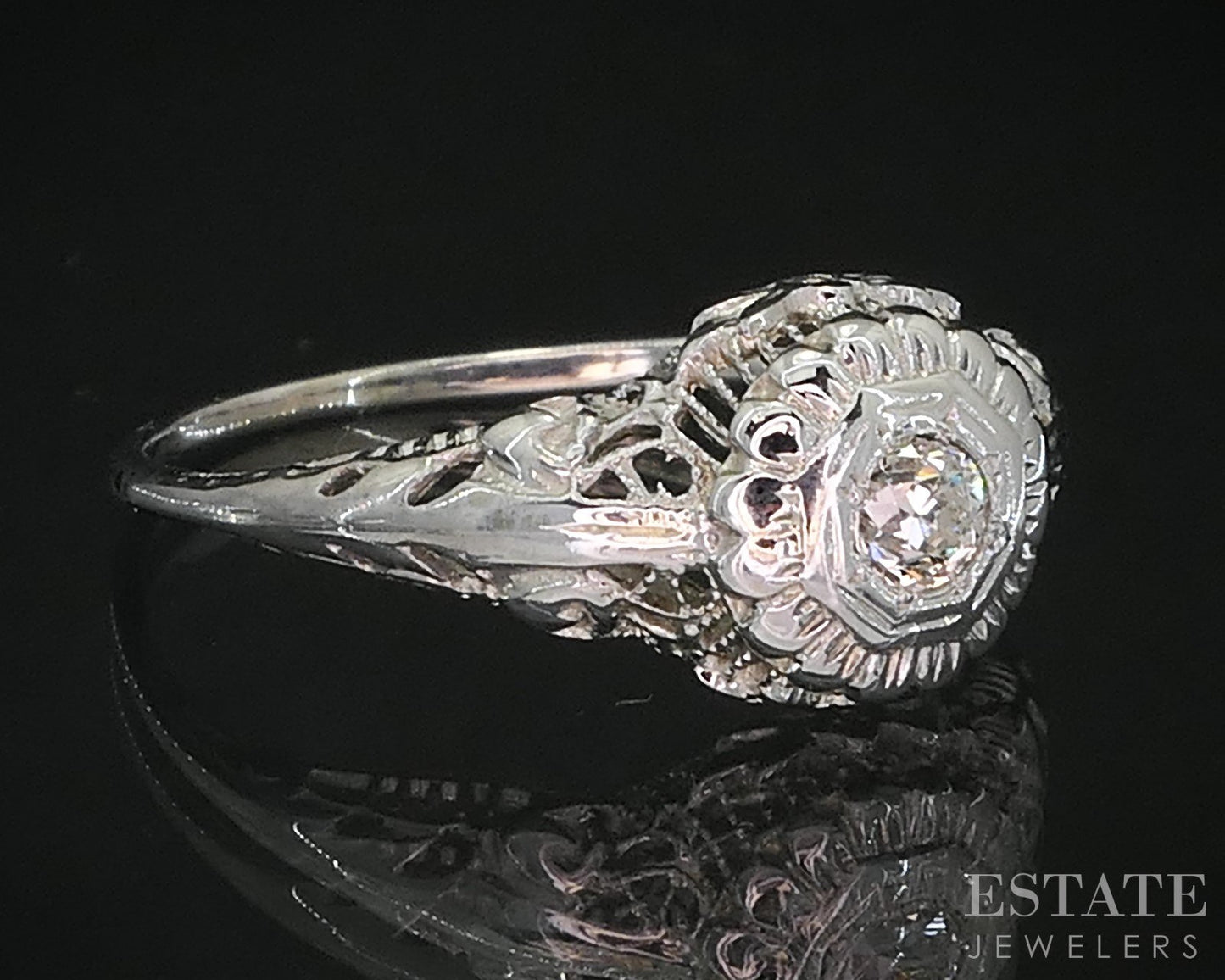 Antique 18k White Gold OEC Natural .10ct Diamond Filigree Solitaire Ring i19292