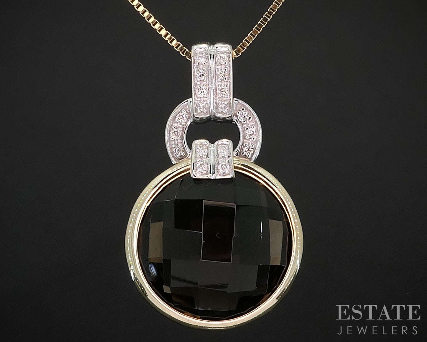 14k Two Tone Gold Round Natural Smoky Quartz & Diamond Necklace 6.3g p82809