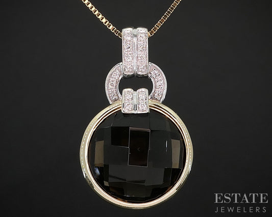 14k Two Tone Gold Round Natural Smoky Quartz & Diamond Necklace 6.3g p82809