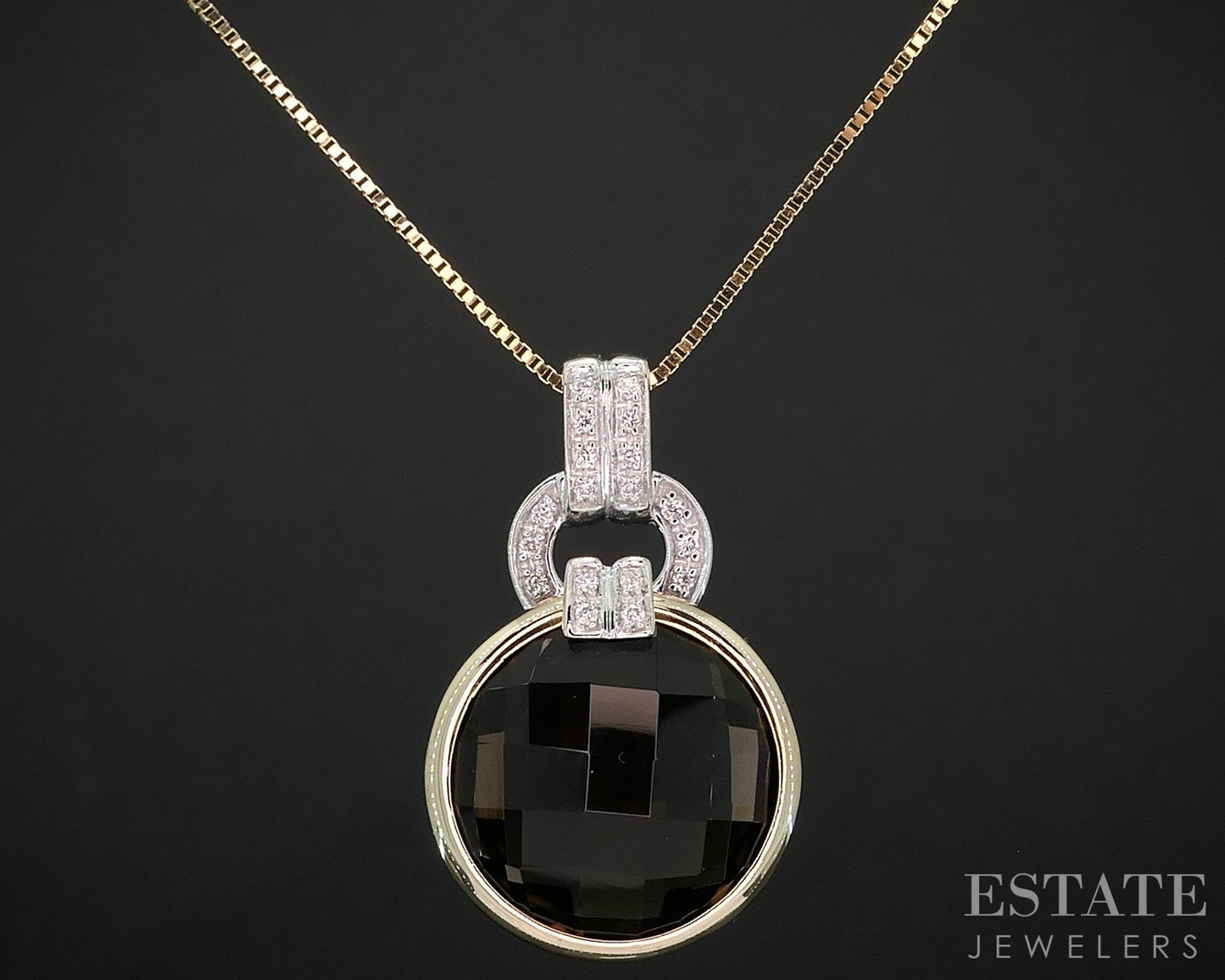 14k Two Tone Gold Round Natural Smoky Quartz & Diamond Necklace 6.3g i19281