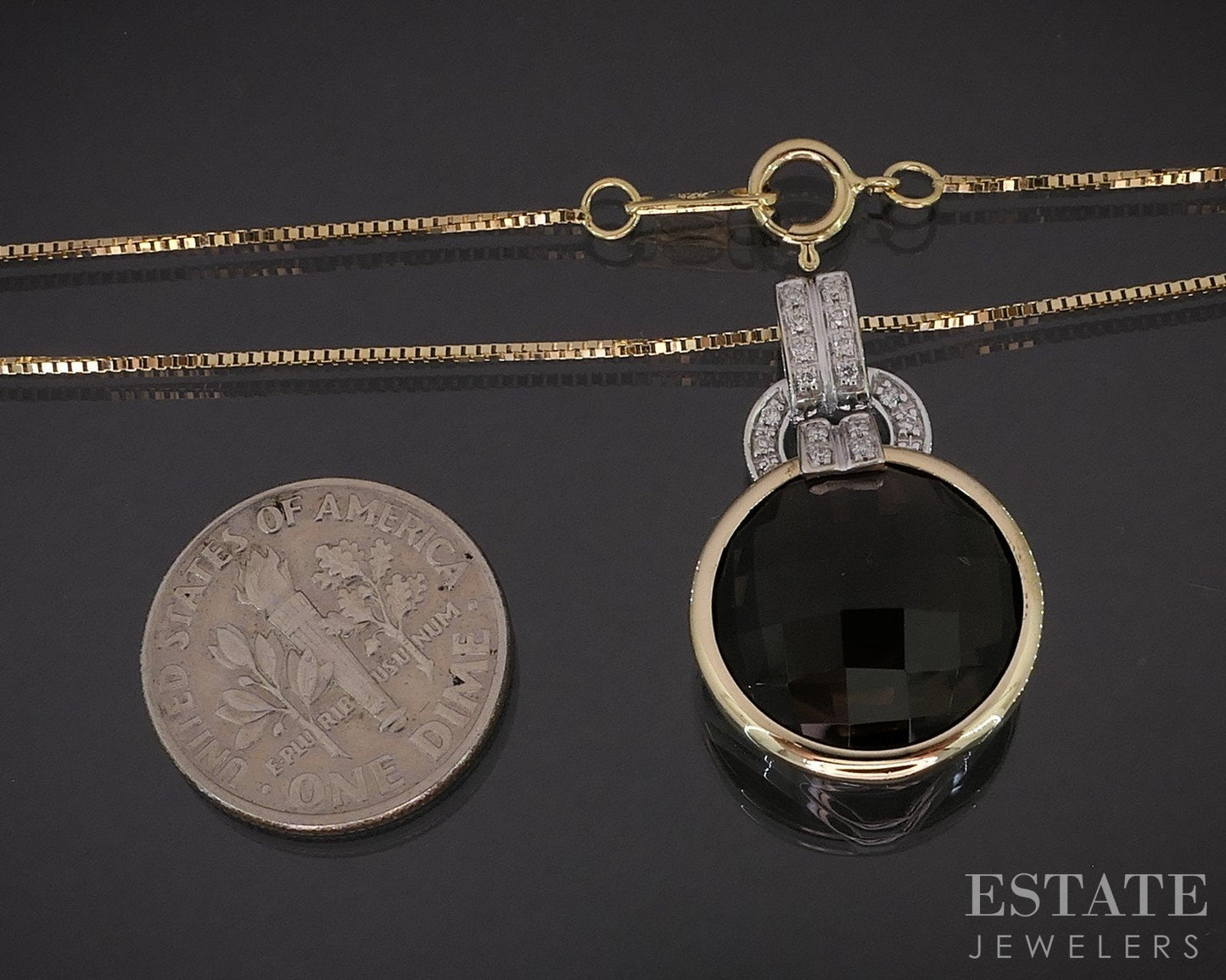 14k Two Tone Gold Round Natural Smoky Quartz & Diamond Necklace 6.3g i19281