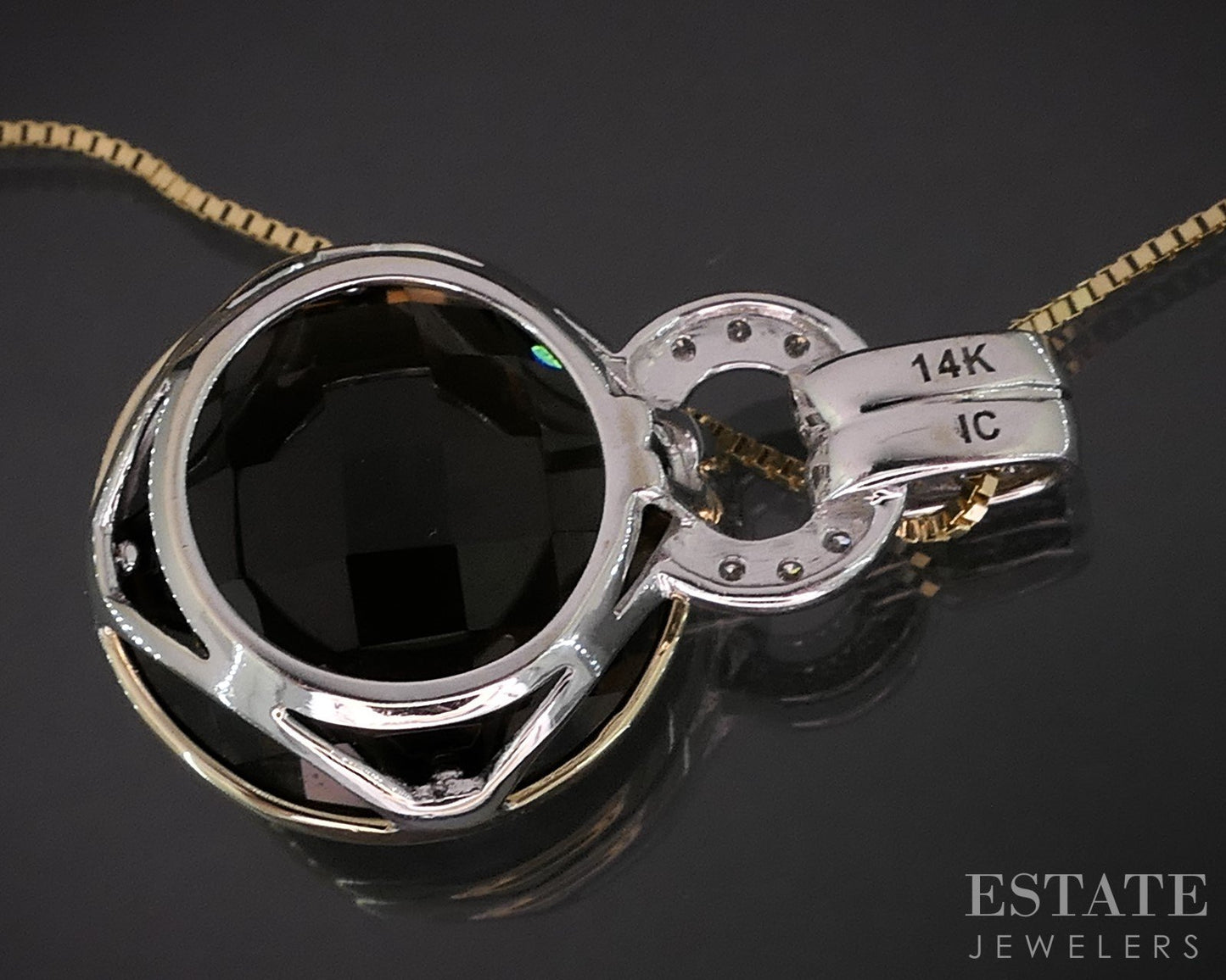 14k Two Tone Gold Round Natural Smoky Quartz & Diamond Necklace 6.3g i19281