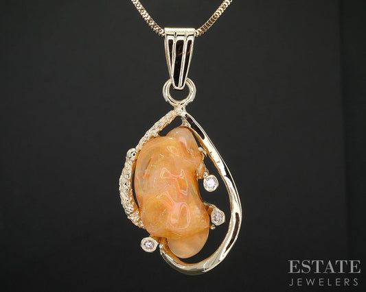 14k Yellow Gold Natural Fire Opal & Diamond Ladies Necklace 9.8g 18"L i19305