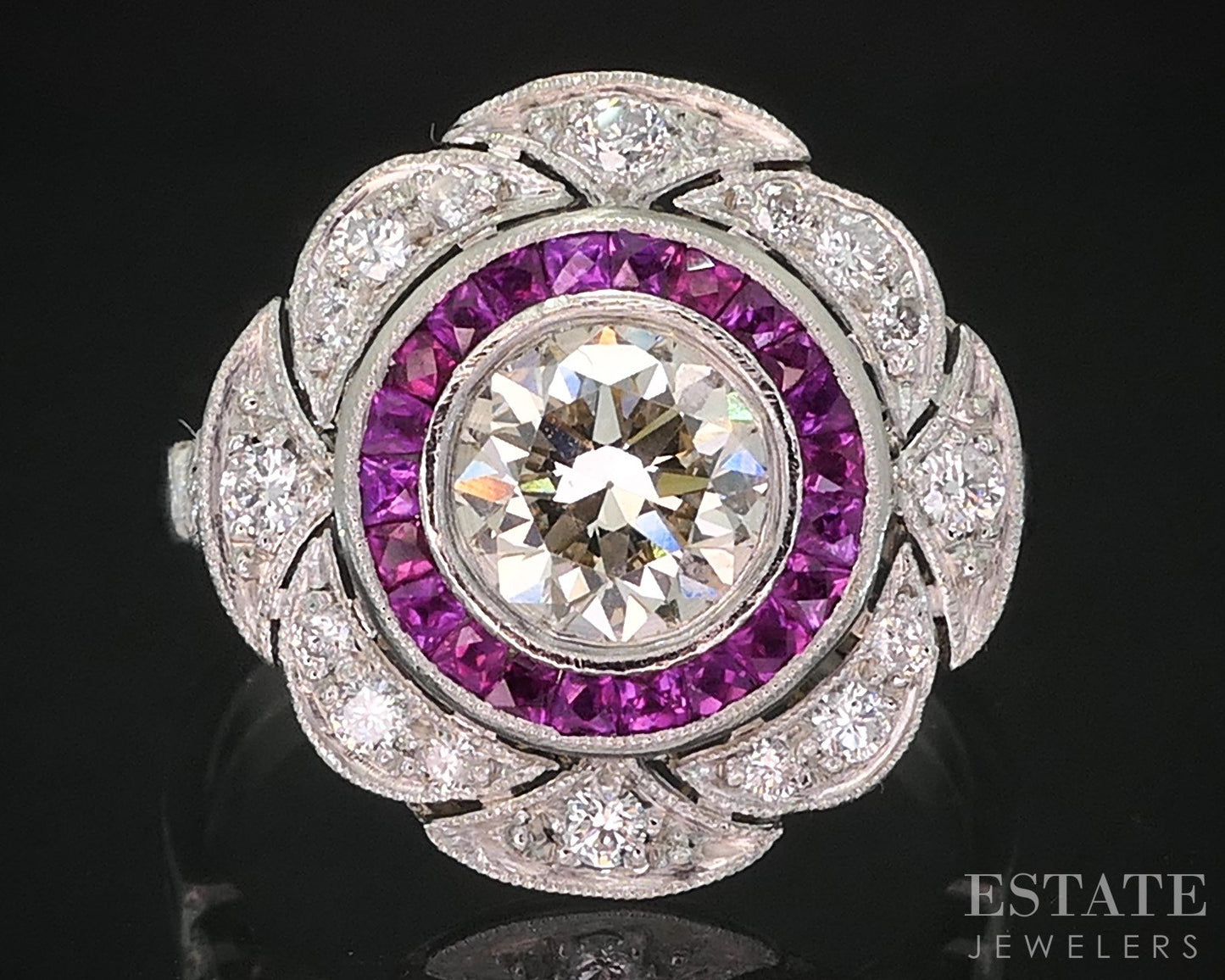 Art Deco Platinum Natural 1.37ctw Diamond & Ruby Cocktail Ring 5.8g i19299