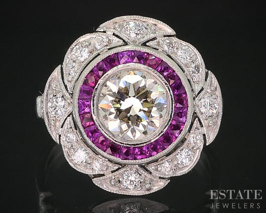 Art Deco Platinum Natural 1.37ctw Diamond & Ruby Cocktail Ring 5.8g i19299