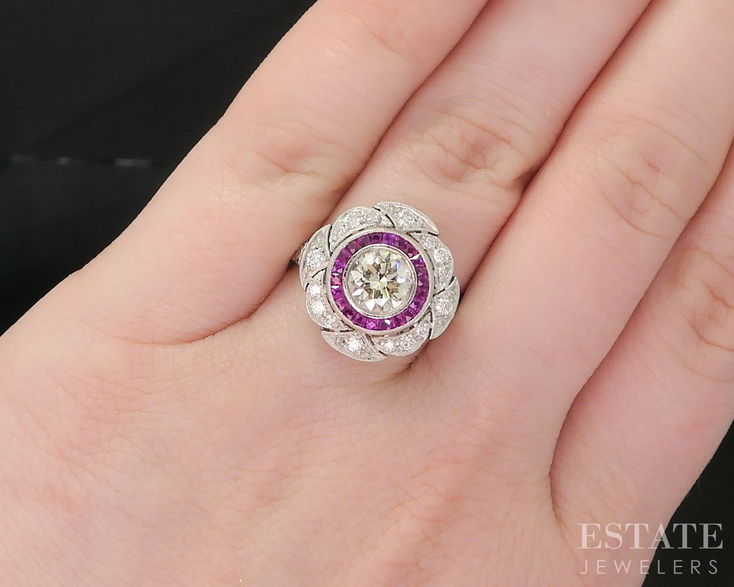 Art Deco Platinum Natural 1.37ctw Diamond & Ruby Cocktail Ring 5.8g i19299