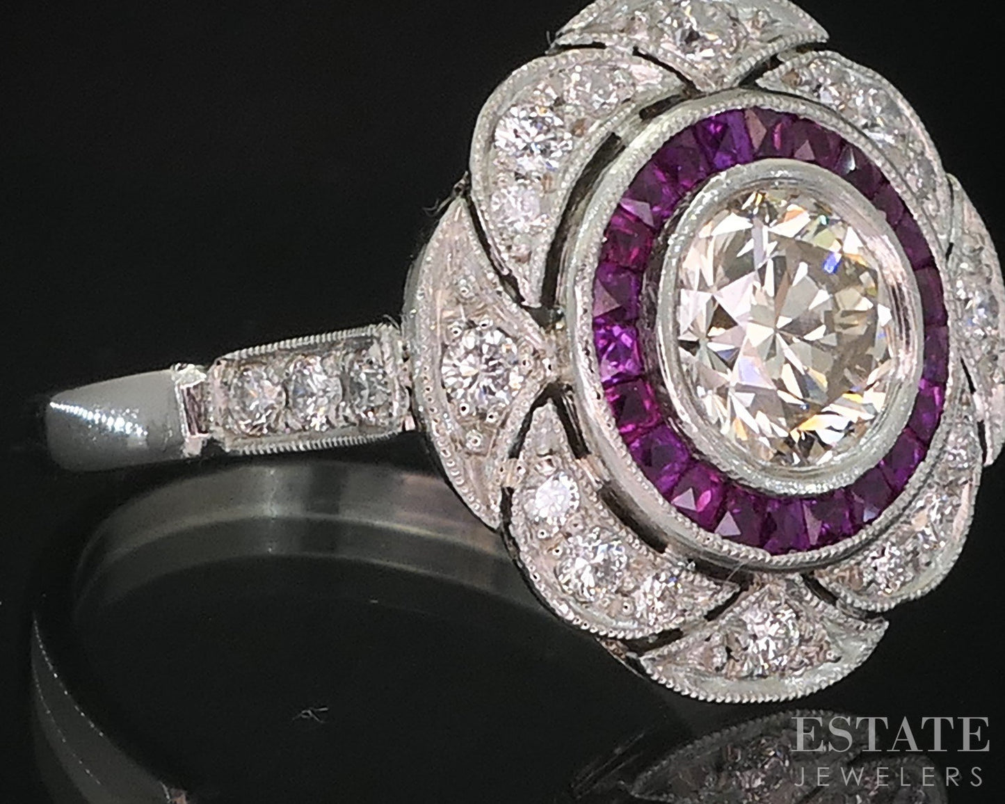 Art Deco Platinum Natural 1.37ctw Diamond & Ruby Cocktail Ring 5.8g i19299