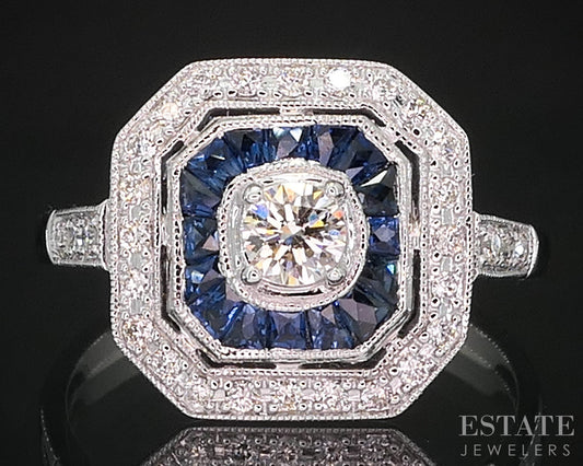 Art Deco 14k White Gold Natural Diamond & Sapphire Cocktail Ring 2.8g i19300