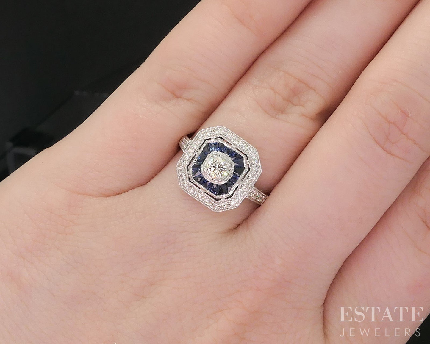 Art Deco 14k White Gold Natural Diamond & Sapphire Cocktail Ring 2.8g i19300