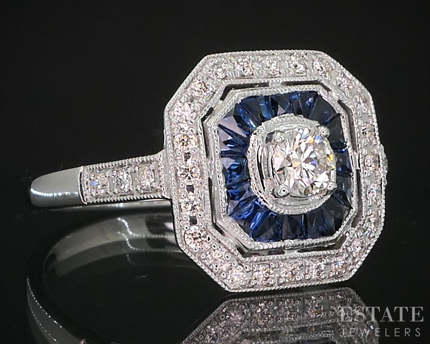 Art Deco 14k White Gold Natural Diamond & Sapphire Cocktail Ring 2.8g i19300