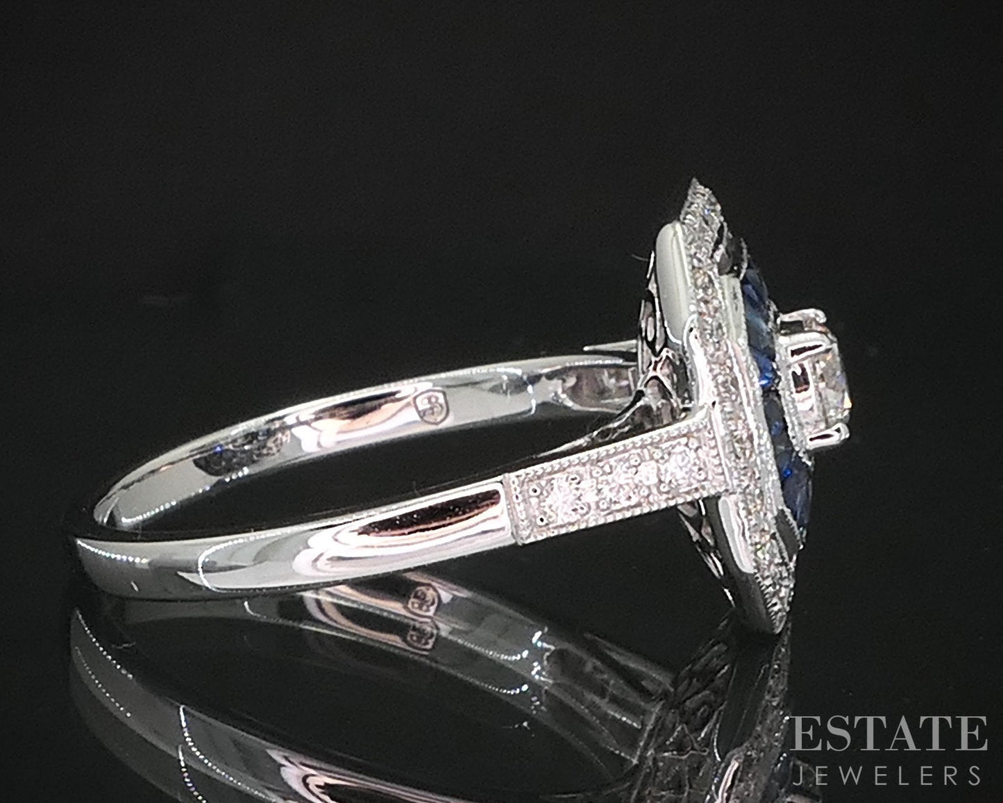Art Deco 14k White Gold Natural Diamond & Sapphire Cocktail Ring 2.8g i19300