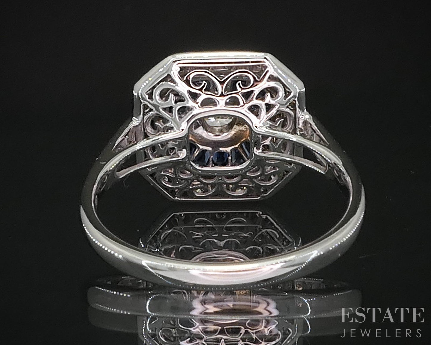 Art Deco 14k White Gold Natural Diamond & Sapphire Cocktail Ring 2.8g i19300