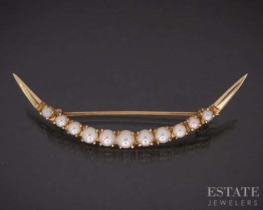 Antique 14k Yellow Gold Akoya Pearl Crescent Moon Pin Brooch 3.7g i19286