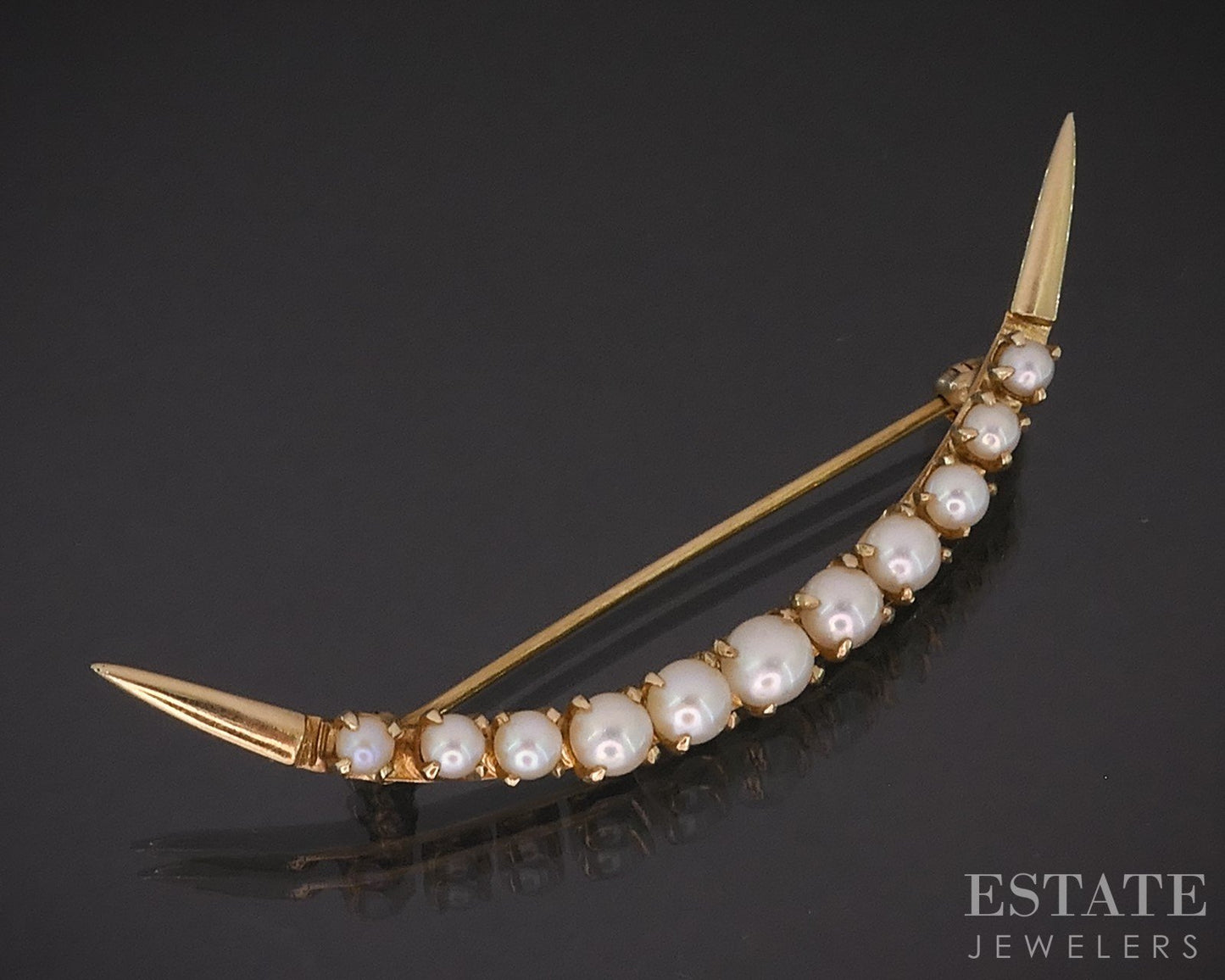 Antique 14k Yellow Gold Akoya Pearl Crescent Moon Pin Brooch 3.7g i19286