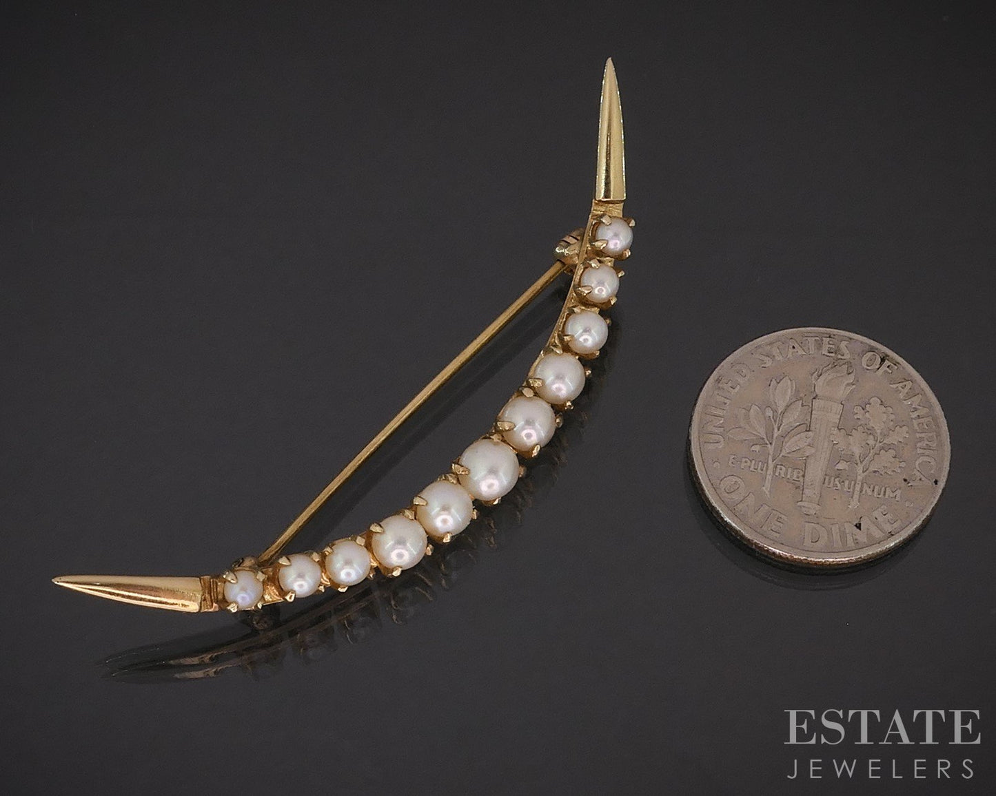 Antique 14k Yellow Gold Akoya Pearl Crescent Moon Pin Brooch 3.7g i19286