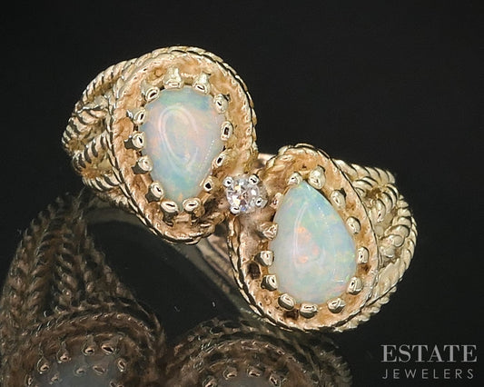 Vintage 14k Yellow Gold Natural Opal & Diamond Bypass Ladies Ring 5.1g i19321