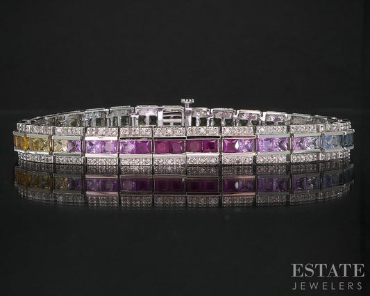 14k White Gold Rainbow Sapphire & Diamond Tennis Bracelet 25.7g 7.25"L i19325