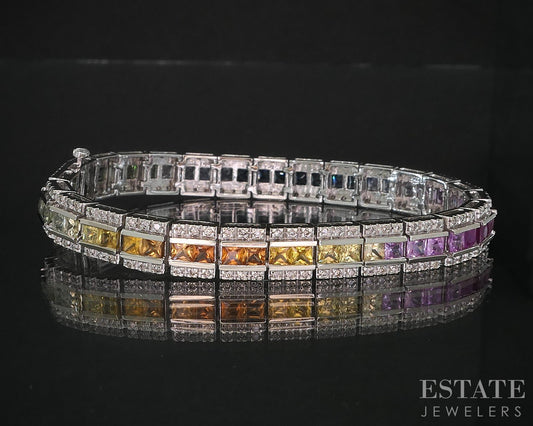 14k White Gold Rainbow Sapphire & Diamond Tennis Bracelet 25.7g 7.25"L i19325