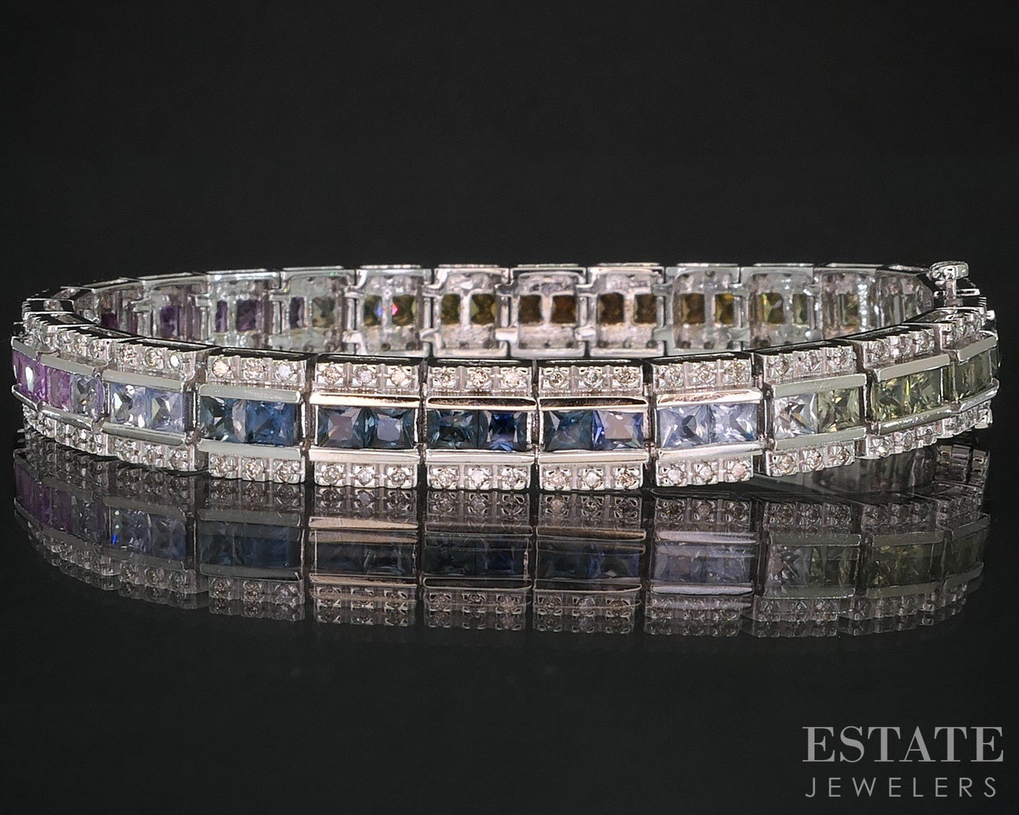 14k White Gold Rainbow Sapphire & Diamond Tennis Bracelet 25.7g 7.25"L i19325