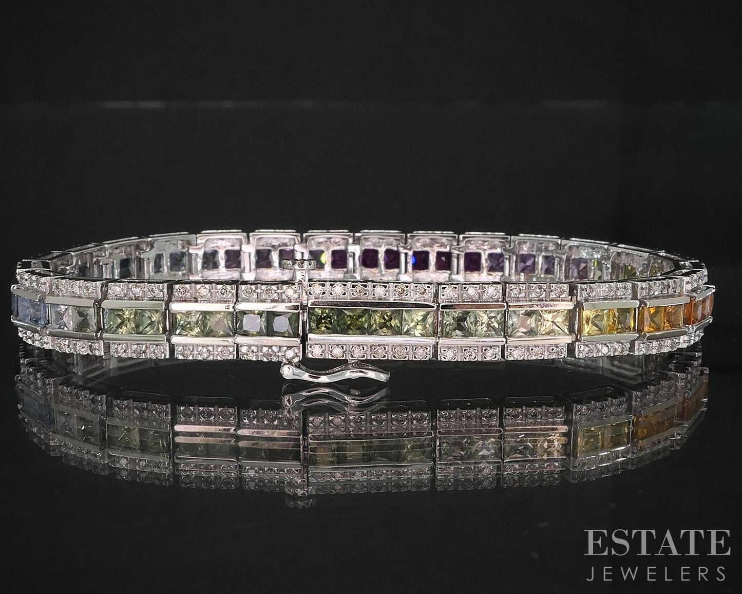 14k White Gold Rainbow Sapphire & Diamond Tennis Bracelet 25.7g 7.25"L i19325