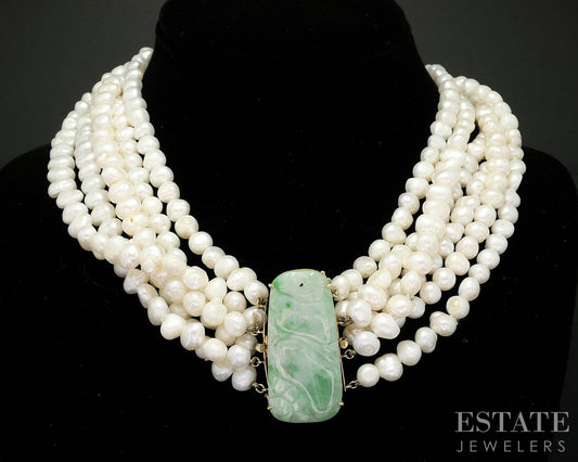 14k Yellow Gold Natural Jade Freshwater Pearl Multi Strand Necklace i19331