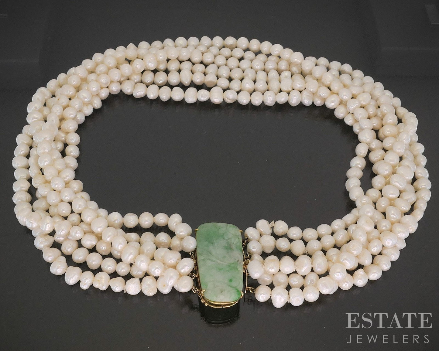 14k Yellow Gold Natural Jade Freshwater Pearl Multi Strand Necklace i19331