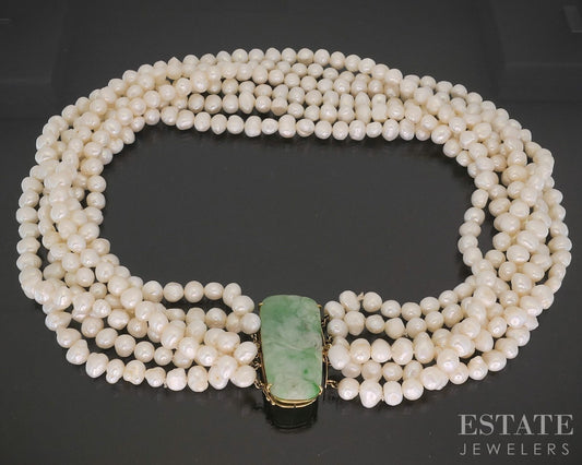 14k Yellow Gold Natural Jade Freshwater Pearl Multi Strand Necklace i19331