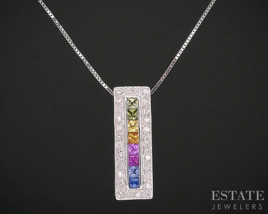 14k White Gold Rainbow Sapphire & Diamond Ladies Necklace 2.8g 18"L i19312