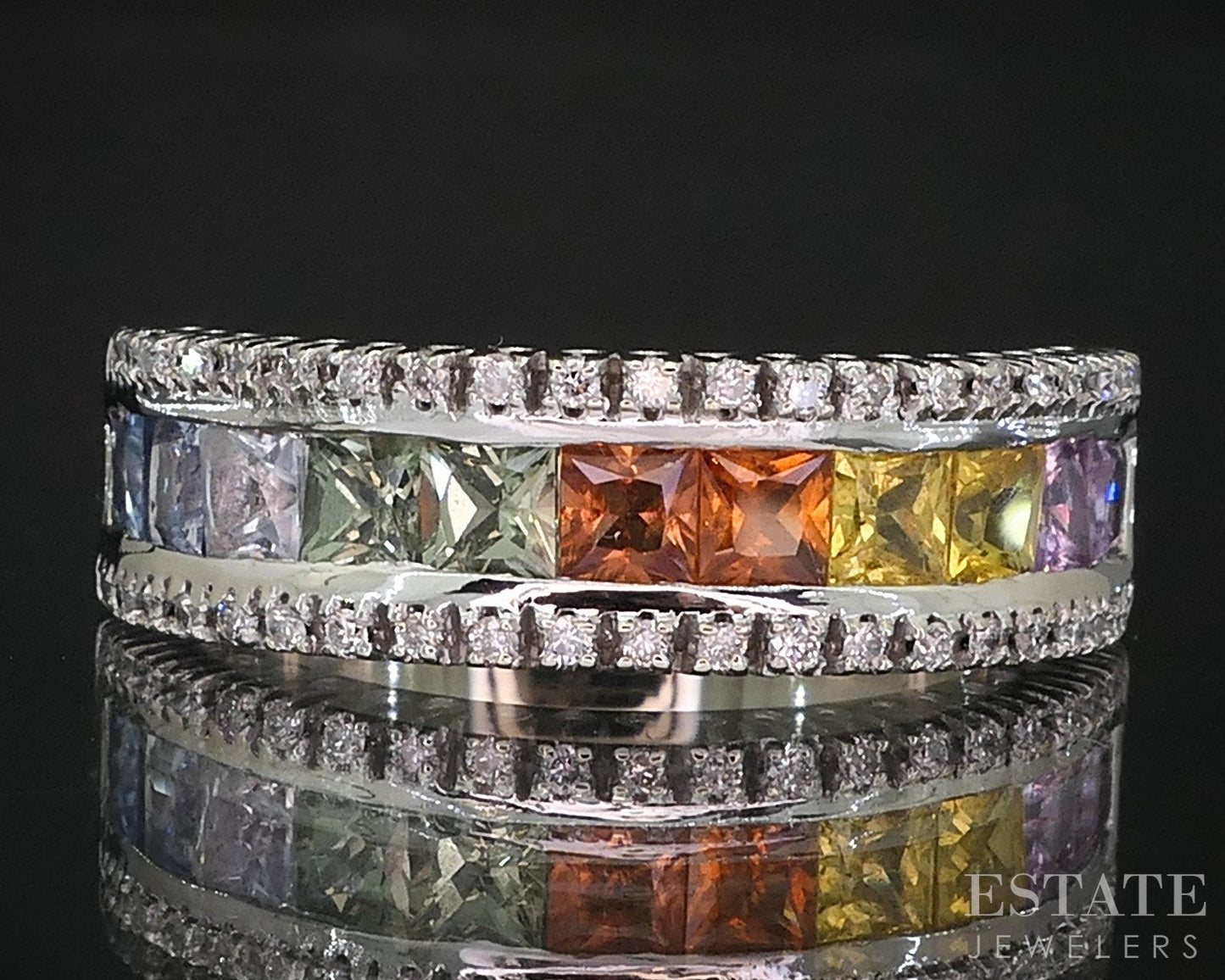 14k White Gold Rainbow Sapphire & Diamond Ladies Band Ring 6.8g i19329