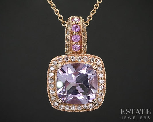 14k Strawberry Gold LeVian Natural Amethyst & Diamond Necklace 4.7g i19318