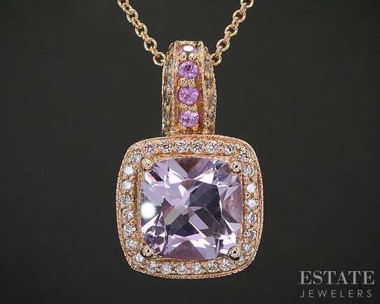 14k Strawberry Gold LeVian Natural Amethyst & Diamond Necklace 4.7g i19318