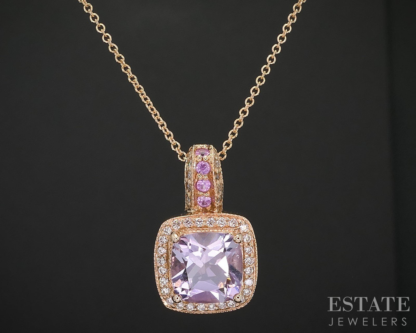 14k Strawberry Gold LeVian Natural Amethyst & Diamond Necklace 4.7g i19318