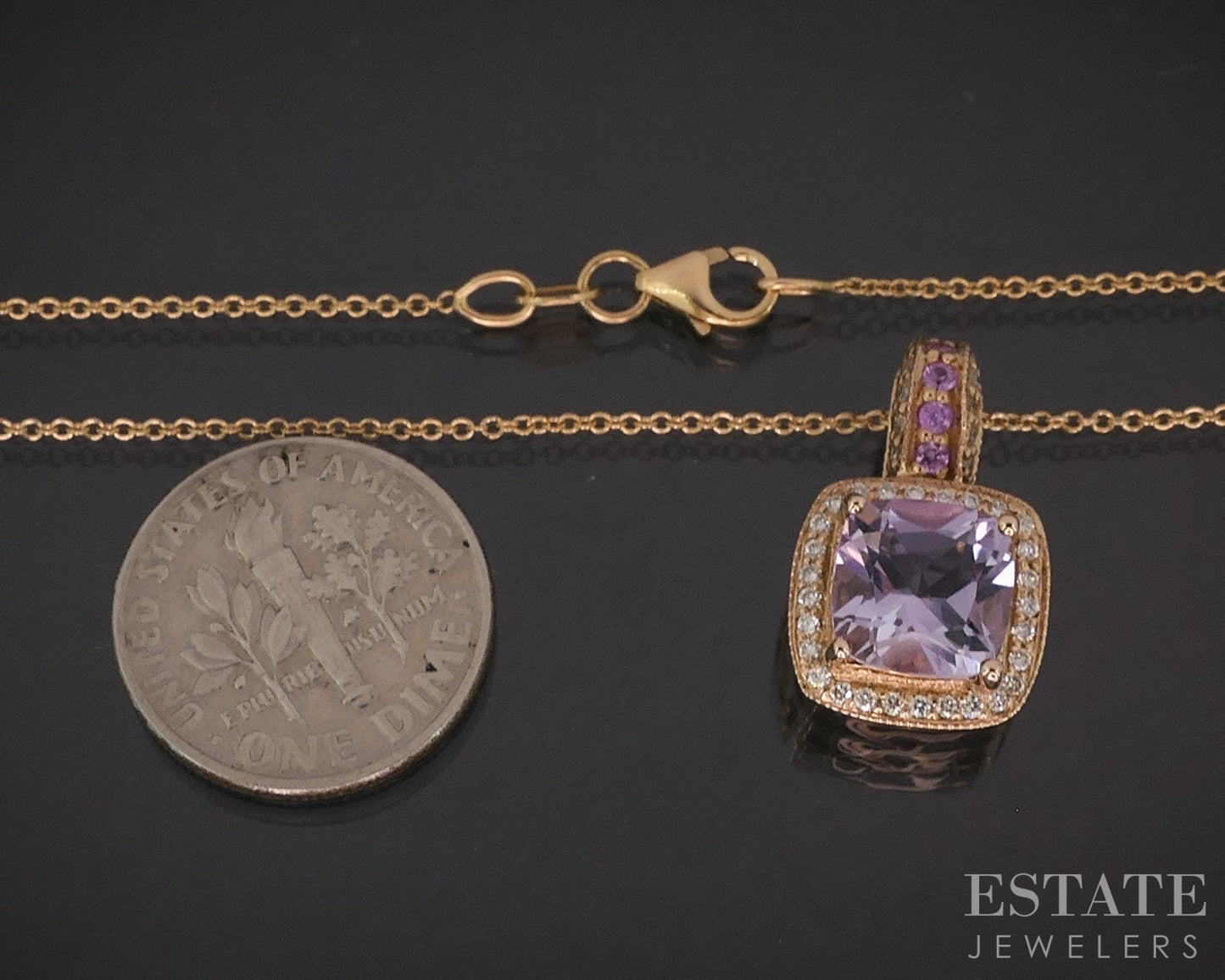 14k Strawberry Gold LeVian Natural Amethyst & Diamond Necklace 4.7g i19318