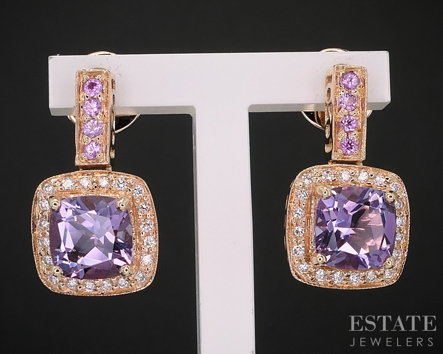 14k Strawberry Gold LeVian Natural Amethyst & Diamond Earrings 7.3g i19326