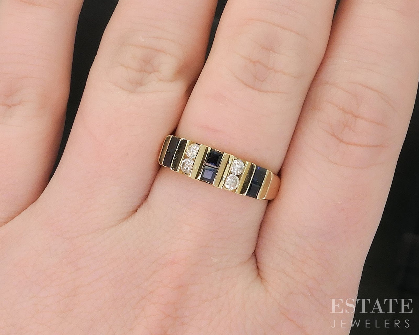 18k Yellow Gold Natural Blue Sapphire & Diamond Ladies Band Ring 5.2g i19316