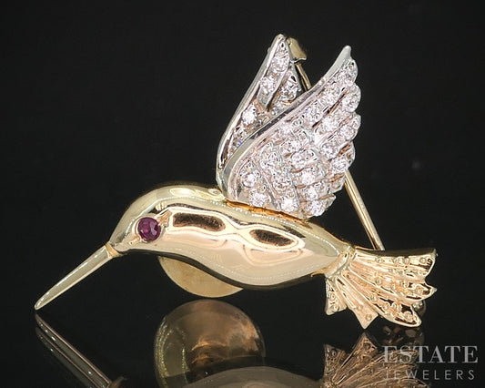 18k Yellow & White Gold Natural Ruby Diamond Hummingbird Pin Brooch 5.1g i19314