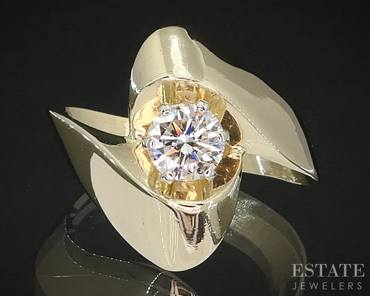 14k Yellow Gold Round Natural .70ct Diamond Ribbon Solitaire Ring 4.7g i19339