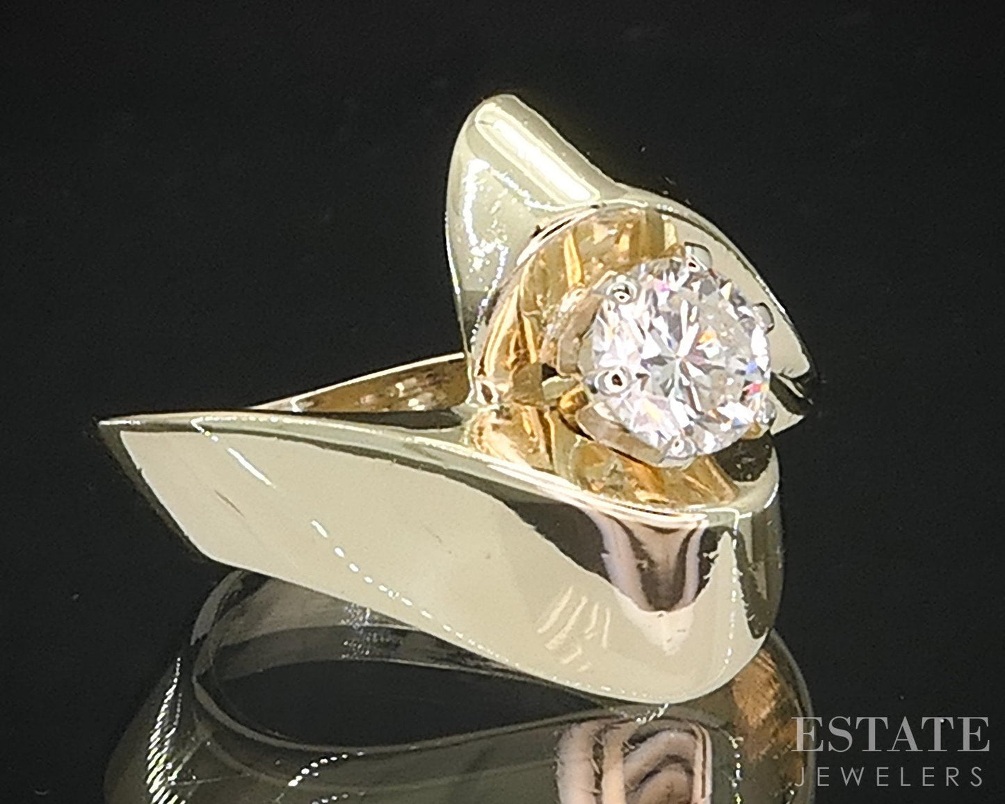 14k Yellow Gold Round Natural .70ct Diamond Ribbon Solitaire Ring 4.7g i19339
