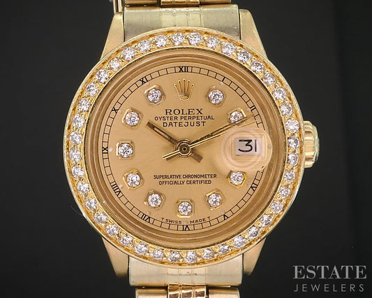 1970 Rolex Datejust 6517 18k Yellow Gold 26mm Diamond Ladies Watch i19332