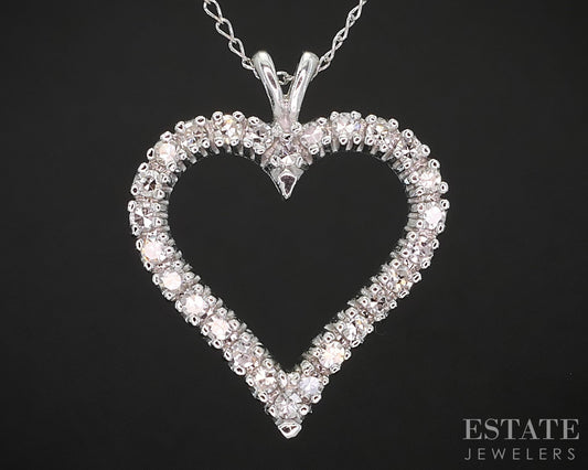 Vintage 14k White Gold Natural .35ctw Diamond Heart Necklace 2.7g 18"L p83440