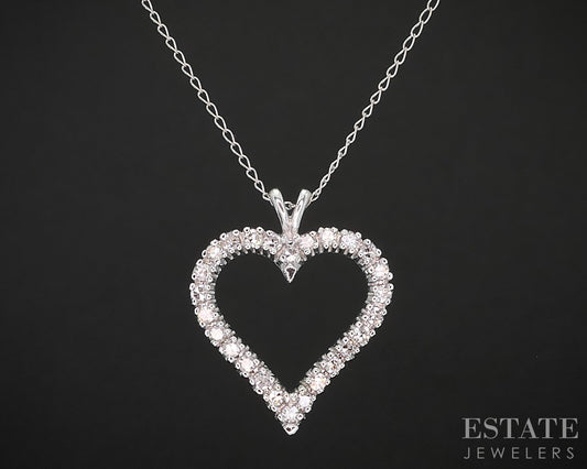 Vintage 14k White Gold Natural .35ctw Diamond Heart Necklace 2.7g 18"L p83440