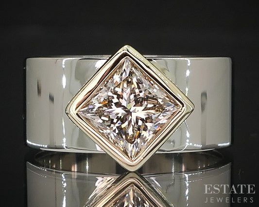 14k Two Tone Gold Princess Natural 1.24ct Diamond Solitaire Band Ring 7g i19344