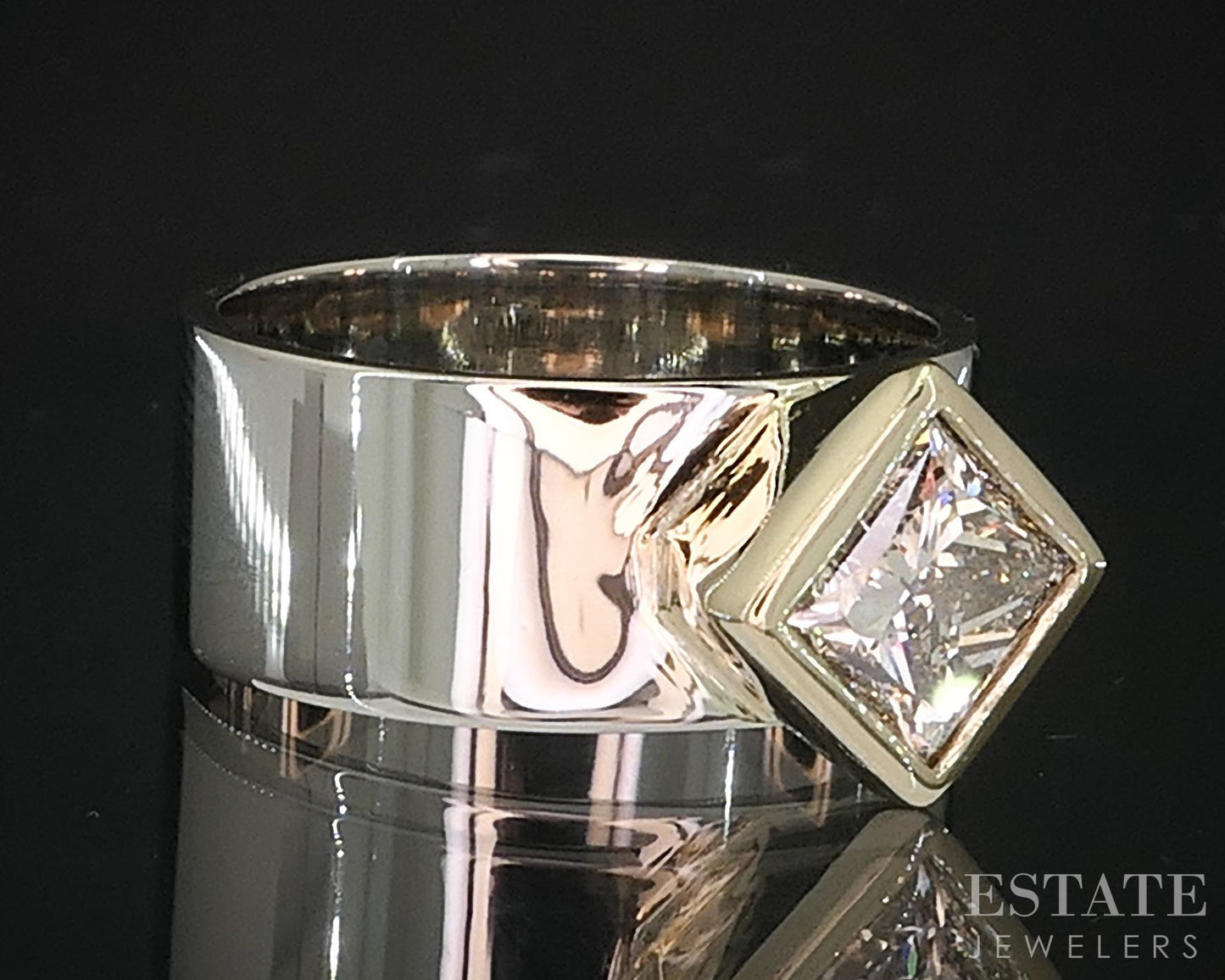 14k Two Tone Gold Princess Natural 1.24ct Diamond Solitaire Band Ring 7g i19344