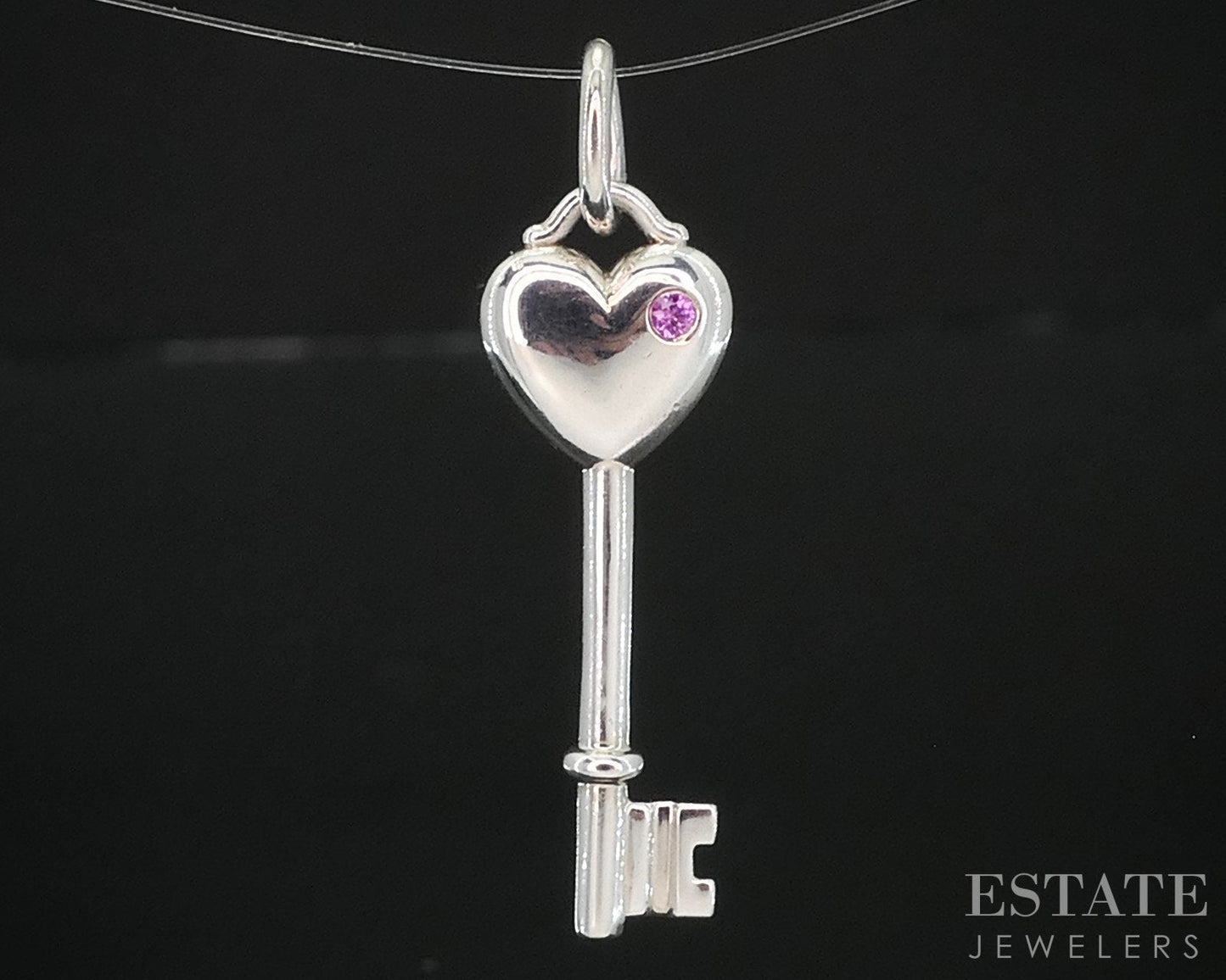 Sterling Tiffany & Co. Pink Sapphire Heart Skeleton Key Pendant 2.2g i19333