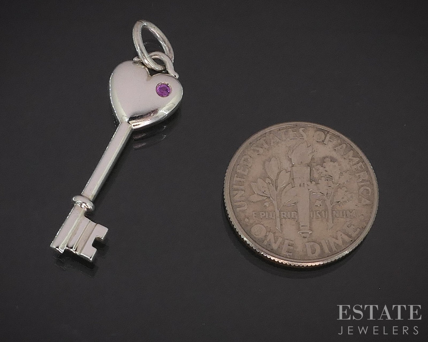 Sterling Tiffany & Co. Pink Sapphire Heart Skeleton Key Pendant 2.2g i19333