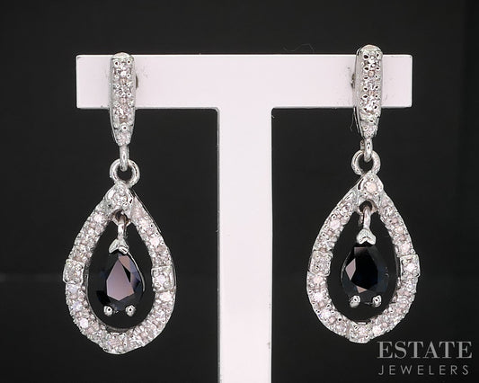 14k White Gold Natural Blue Sapphire & Diamond Tear Drop Earrings 3.9g i19335