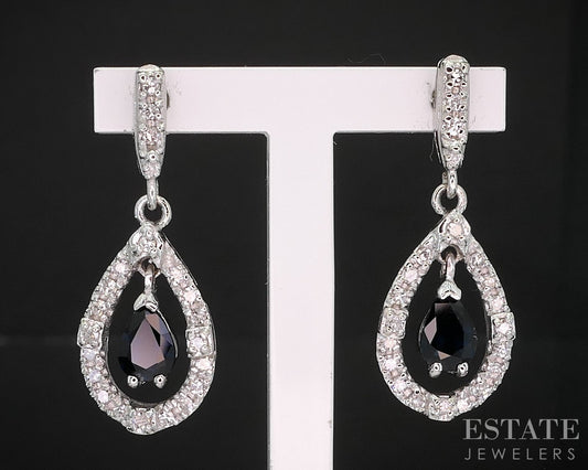 14k White Gold Natural Blue Sapphire & Diamond Tear Drop Earrings 3.9g i19335